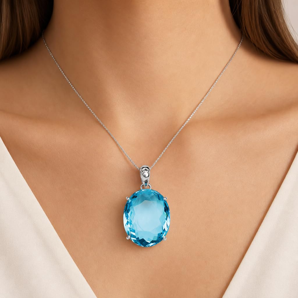 135 ct Natural Blue Topaz Oval Pendant in 925 Sterling Silver – side view