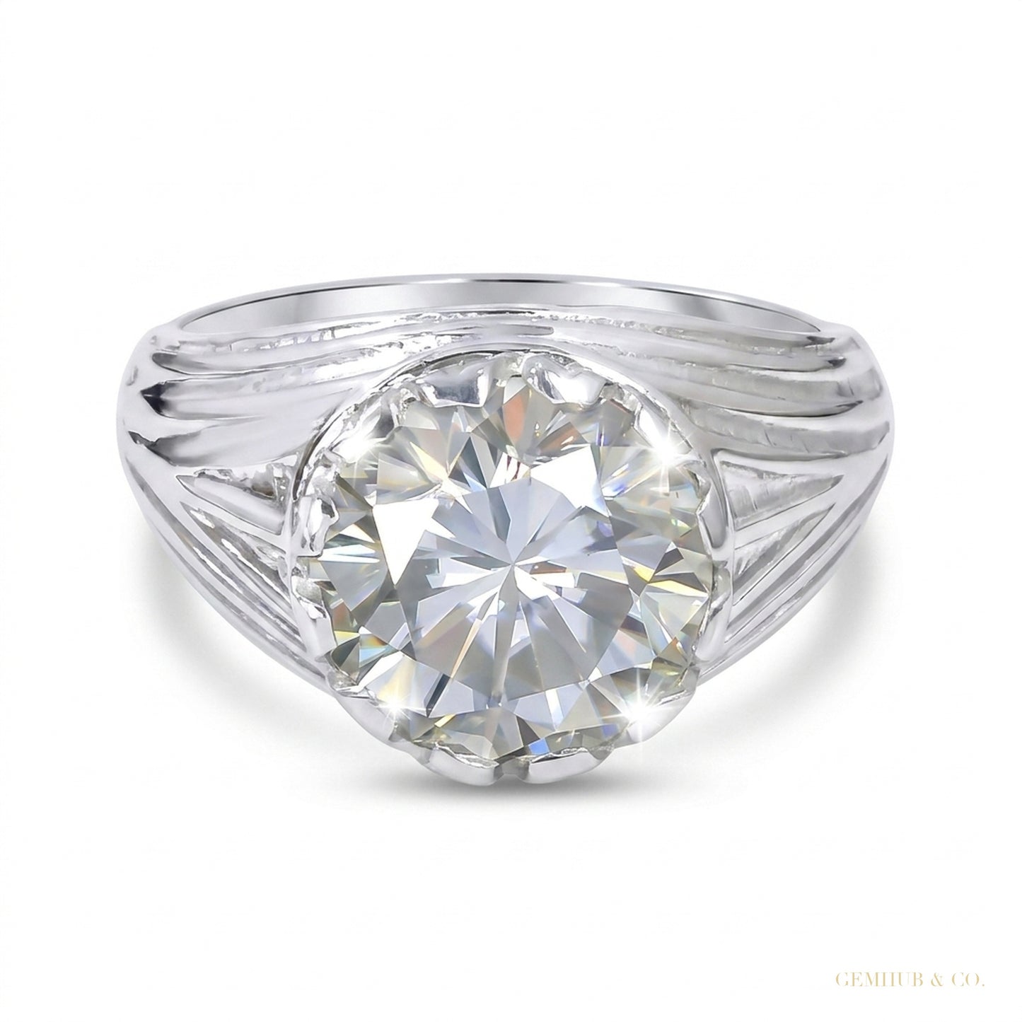5.30 ct DEW Certified Round Cut White Moissanite Ring Gold Vermeil Sterling Silvers – white background main image