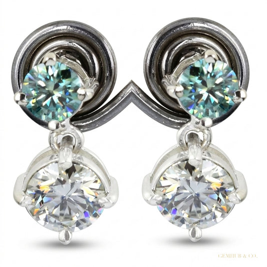 5.50 ct DEW Certified Blue & White Moissanite Round Cut Earrings In Gold Vermeil – white background main image