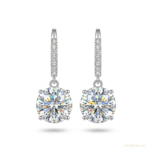 5 ct DEW Round Cut White Moissanite Solitaire Dangler Earrings In Gold Vermeil – white background main image