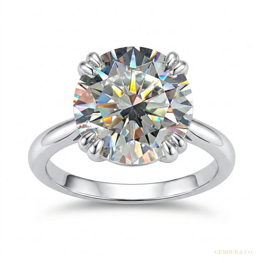 6.65 ct DEW Round Cut White Treated Moissanite Solitaire Ring Certified 18K Gold Plated – white background main image