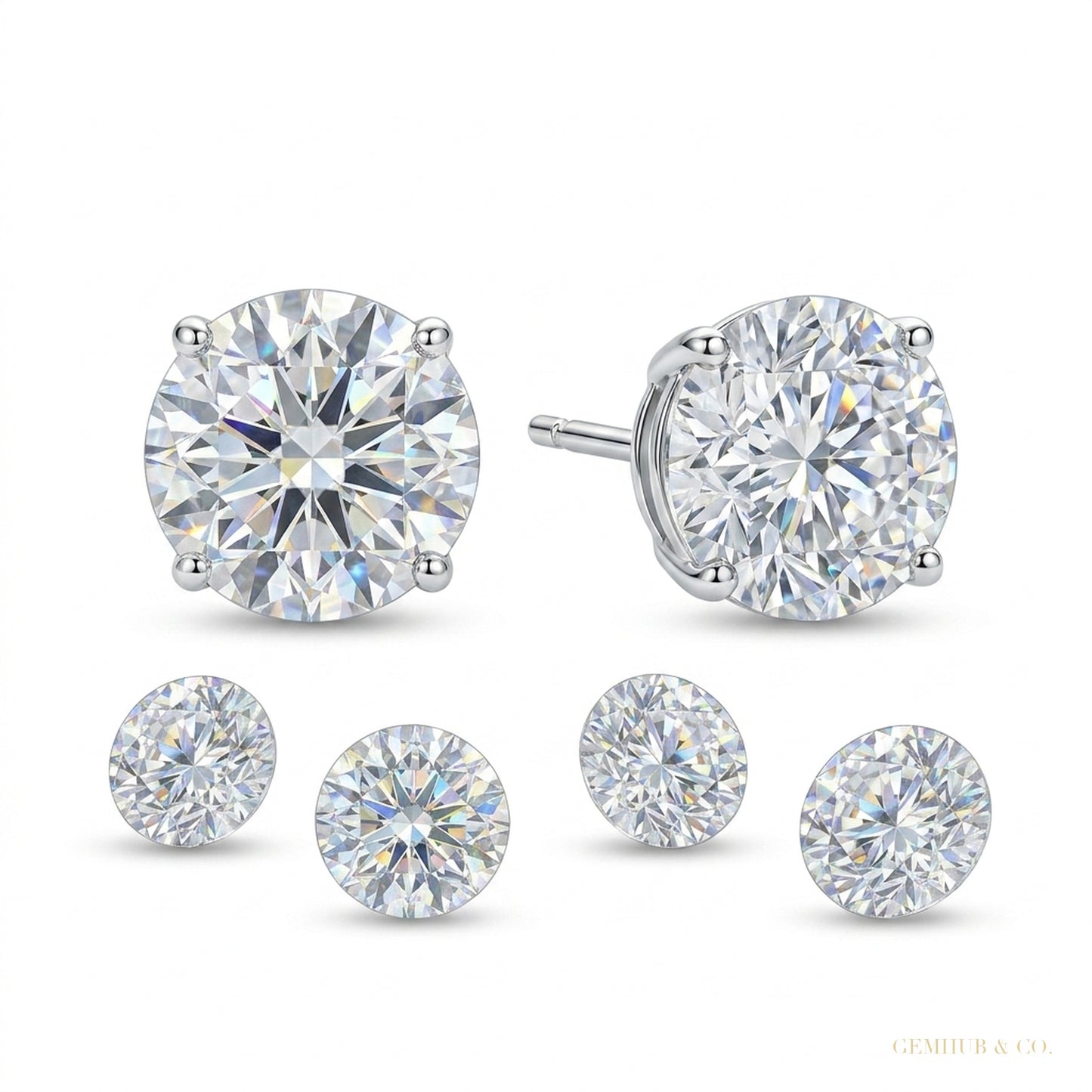 6 ct DEW Certified White Moissanite Solitaire Studs Round Cut In Gold Vermeil – white background main image