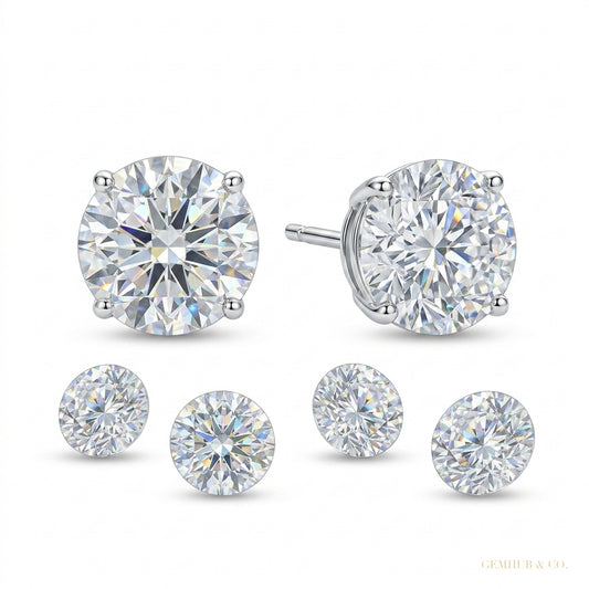 6 ct DEW Certified White Moissanite Solitaire Studs Round Cut In Gold Vermeil – white background main image