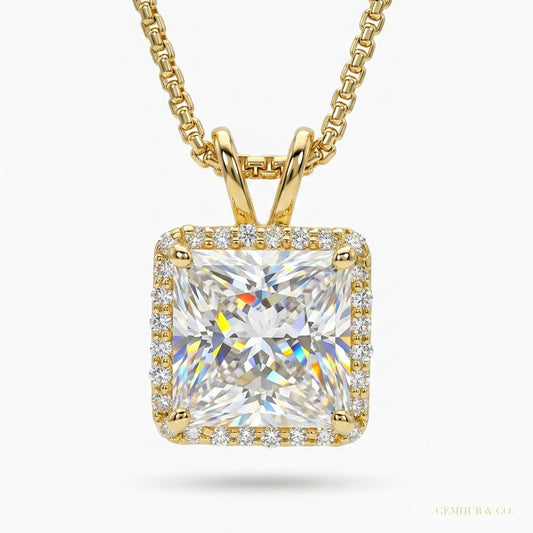 6.50 ct DEW Princess Cut White Moissanite Solitaire Pendant Gold Vermeil Certified – white background main image