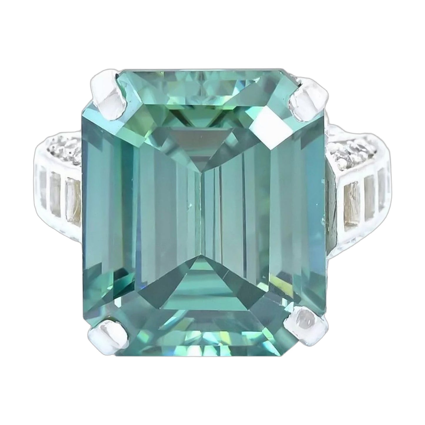 19.5 ct DEW Blue Moissanite Emerald Solitaire Ring - 18K Gold Vermeil on 925 Sterling Silver