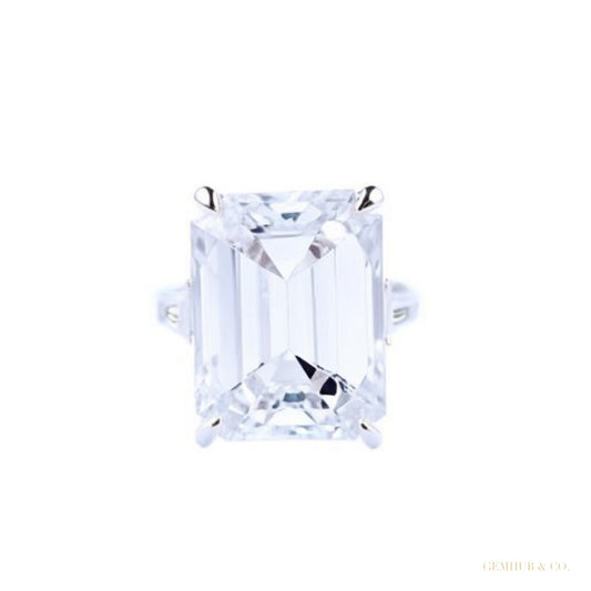 8.30 ct DEW Emerald Cut Off White Moissanite Ring Certified Sparkle 18K Gold Plated Ver 18K Gold Plated – white background main image