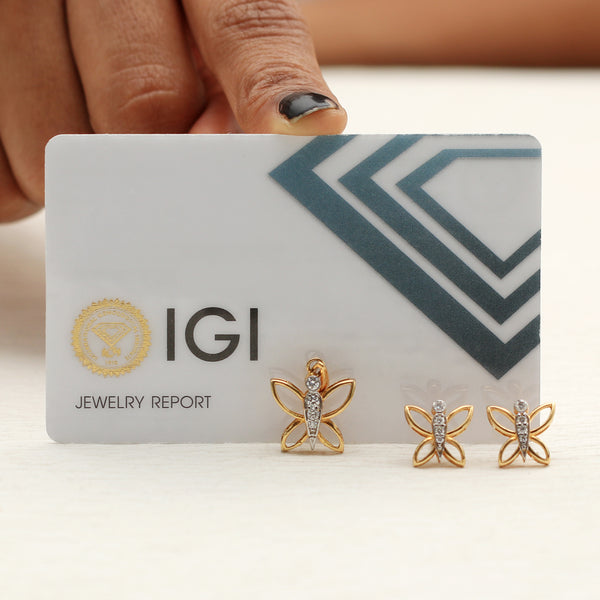 18KT Yellow Gold 0.26 Ct Butterfly Design  Natural Diamond Pendant And Earrings
