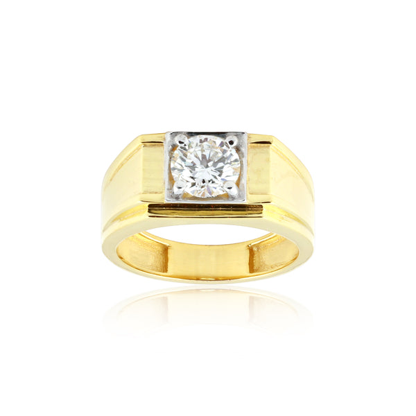 Solid Gold Statement Band Ring with Round Lab Grown Diamond Accent — 14K/18K Solid Gold