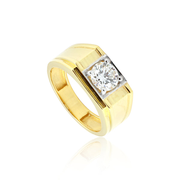 Solid Gold Statement Band Ring with Round Lab Grown Diamond Accent — 14K/18K Solid Gold
