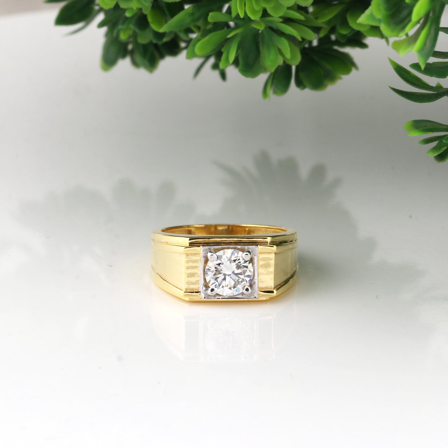 Solid Gold Statement Band Ring with Round Lab Grown Diamond Accent — 14K/18K Solid Gold