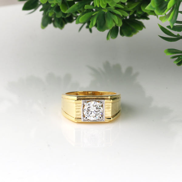 Solid Gold Statement Band Ring with Round Lab Grown Diamond Accent — 14K/18K Solid Gold