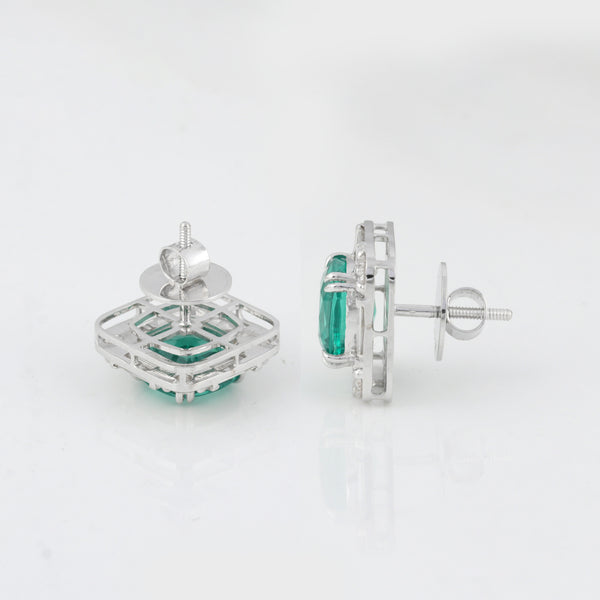 Lab Grown Emerald Asscher-Cut Earrings with Diamond Accents — 14K/18K Solid Gold