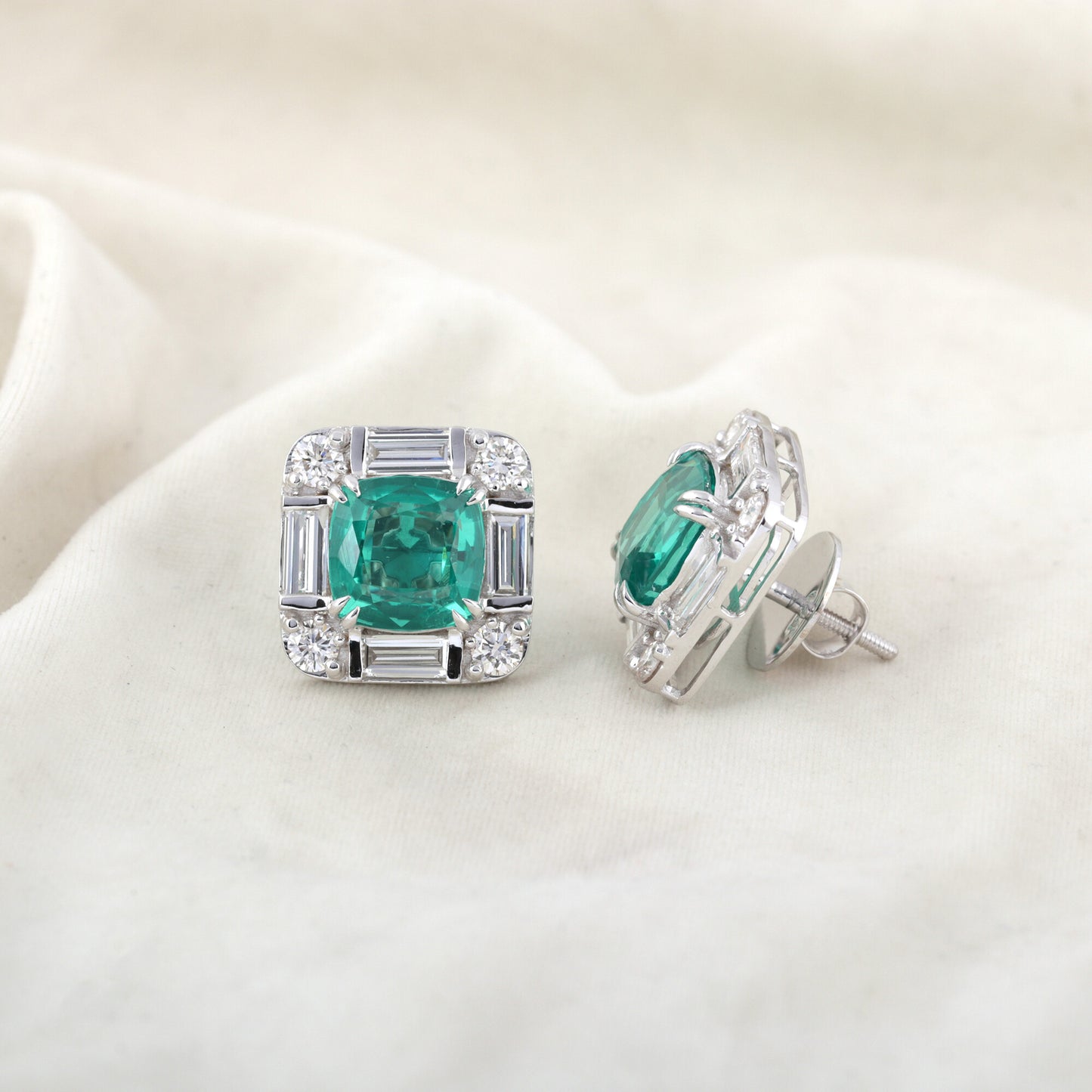 Lab Grown Emerald Asscher-Cut Earrings with Diamond Accents — 14K/18K Solid Gold