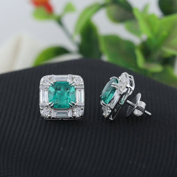 Lab Grown Emerald Asscher-Cut Earrings with Diamond Accents — 14K/18K Solid Gold