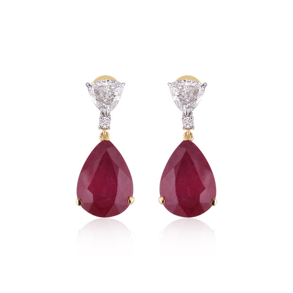 Lab Grown Ruby Pear-Cut Drop Earrings with Pavé Diamonds — 14K/18K Solid Gold