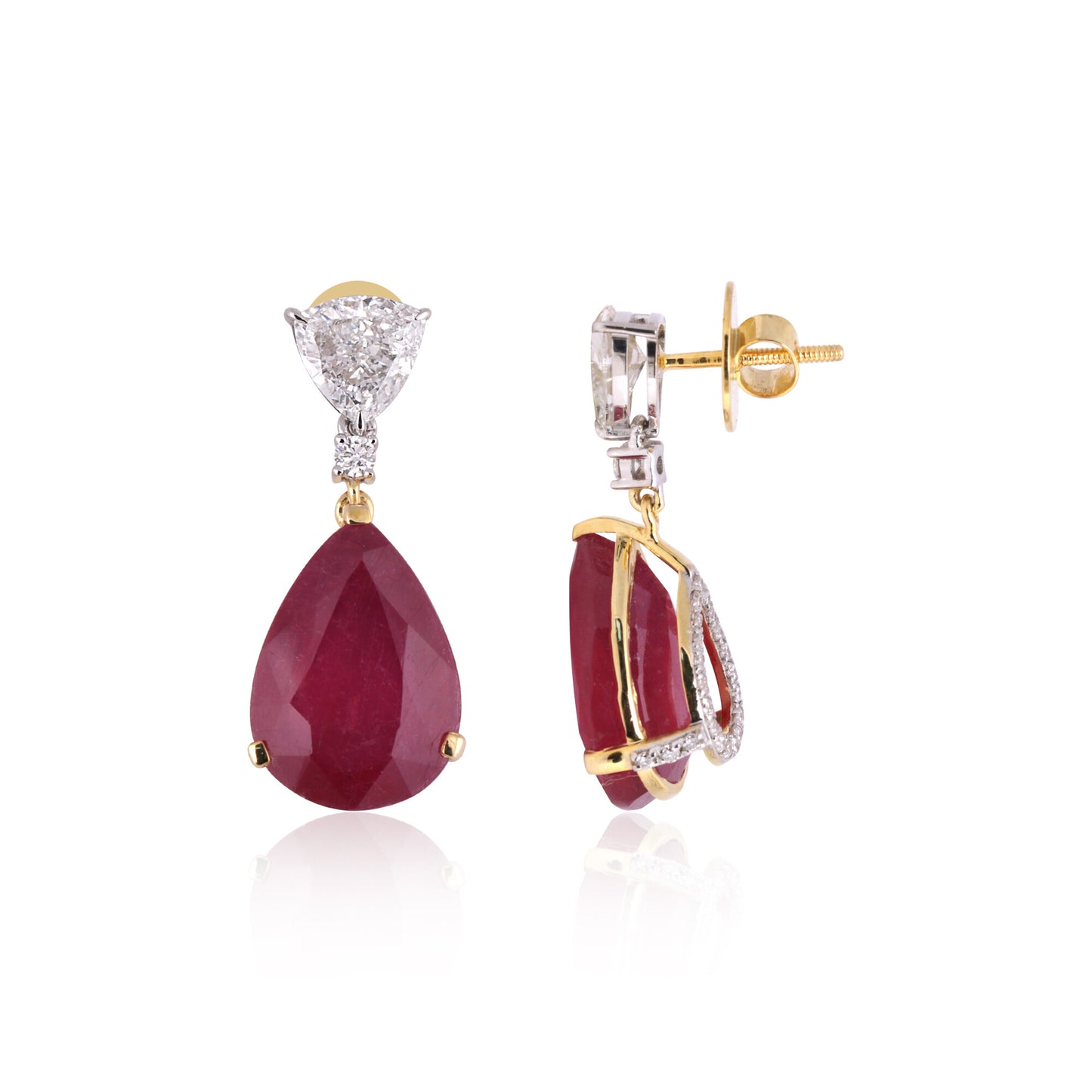 Lab Grown Ruby Pear-Cut Drop Earrings with Pavé Diamonds — 14K/18K Solid Gold