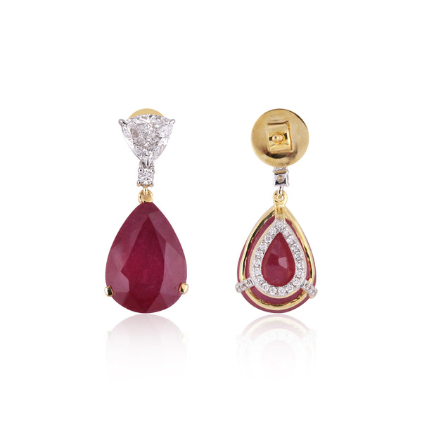 Lab Grown Ruby Pear-Cut Drop Earrings with Pavé Diamonds — 14K/18K Solid Gold