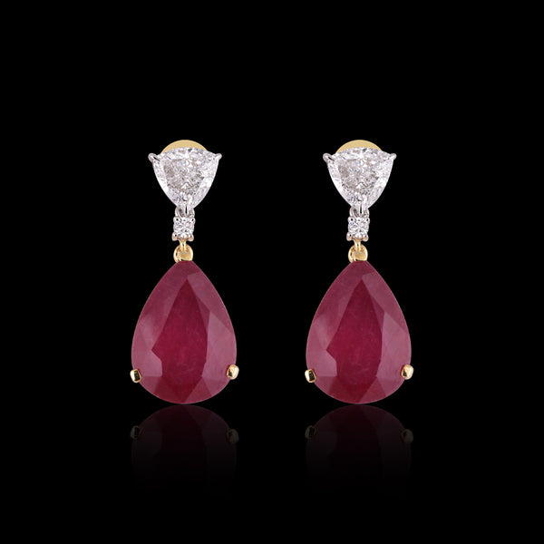 Lab Grown Ruby Pear-Cut Drop Earrings with Pavé Diamonds — 14K/18K Solid Gold
