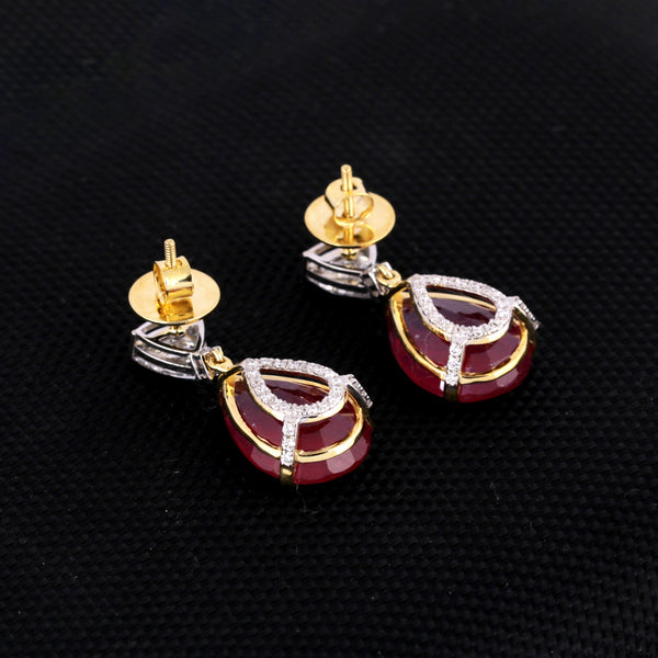 Lab Grown Ruby Pear-Cut Drop Earrings with Pavé Diamonds — 14K/18K Solid Gold
