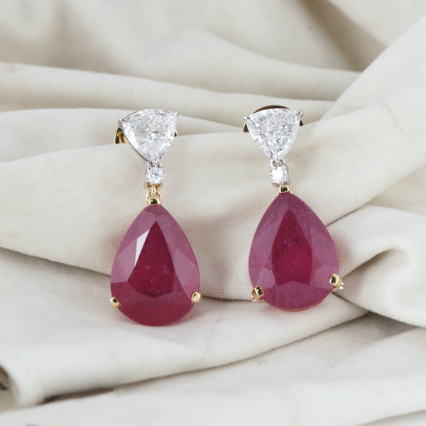 Lab Grown Ruby Pear-Cut Drop Earrings with Pavé Diamonds — 14K/18K Solid Gold