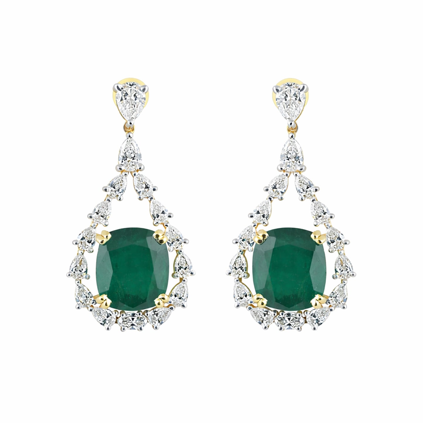 IGI Lab Grown Emerald & Diamond Oval Drop Earrings — Solid Gold, Halo Cluster
