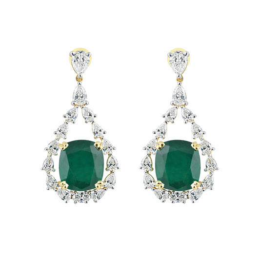 IGI Lab Grown Emerald & Diamond Oval Drop Earrings — Solid Gold, Halo Cluster
