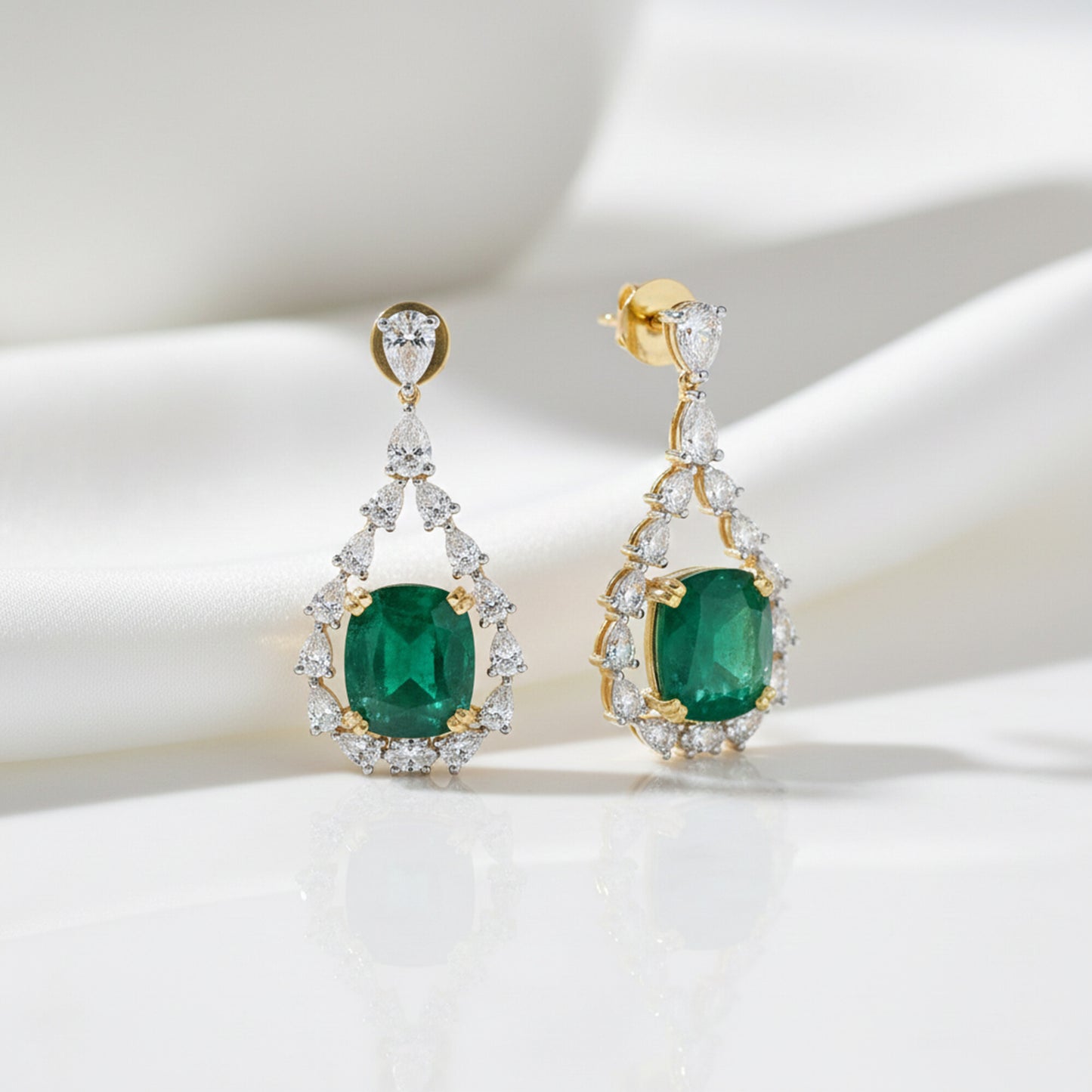 IGI Lab Grown Emerald & Diamond Oval Drop Earrings — Solid Gold, Halo Cluster
