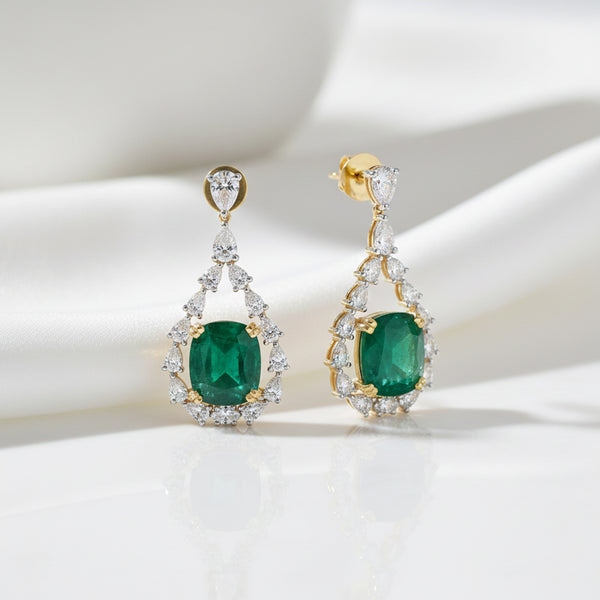 IGI Lab Grown Emerald & Diamond Oval Drop Earrings — Solid Gold, Halo Cluster