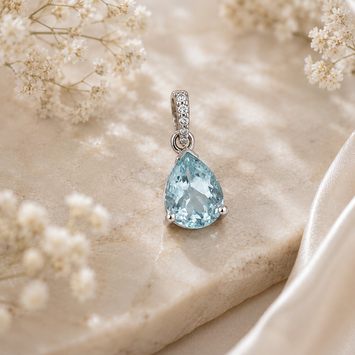 IGI Certified Lab Grown Fancy Aqua Blue Diamond Pear-Cut Halo Pendant Necklace — 10K/14K Solid Gold, Adjustable Chain