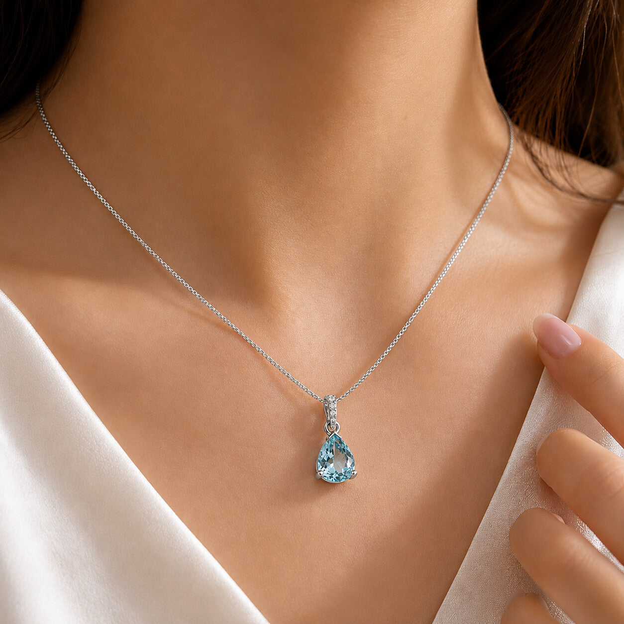 IGI Certified Lab Grown Fancy Aqua Blue Diamond Pear-Cut Halo Pendant Necklace — 10K/14K Solid Gold, Adjustable Chain