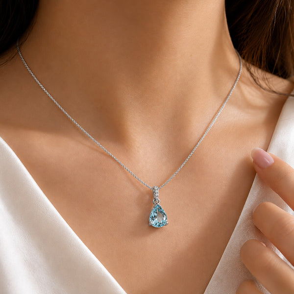 IGI Certified Lab Grown Fancy Aqua Blue Diamond Pear-Cut Halo Pendant Necklace — 10K/14K Solid Gold, Adjustable Chain