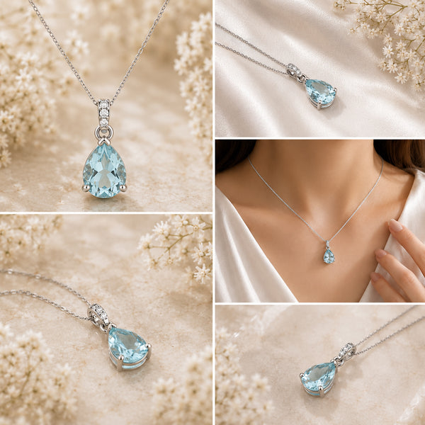 IGI Certified Lab Grown Fancy Aqua Blue Diamond Pear-Cut Halo Pendant Necklace — 10K/14K Solid Gold, Adjustable Chain