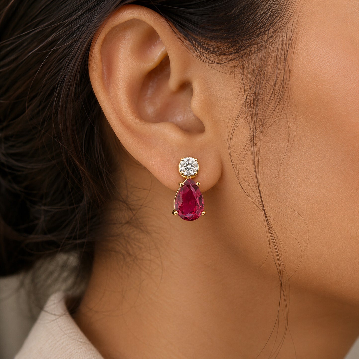 Lab Grown Ruby Pear Drop Earrings — Solid 18K Gold, IGI Certified