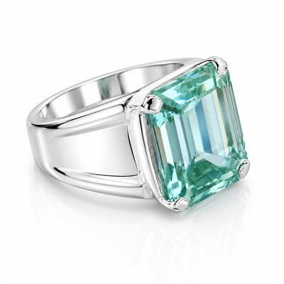 9.5 ct DEW Blue Moissanite Emerald Solitaire Ring - 18K Gold Vermeil on 925 Sterling Silver