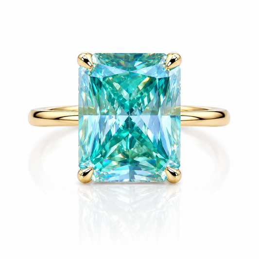10.4 ct DEW Blue Moissanite Emerald Solitaire Ring - 18K Gold Vermeil on 925 Sterling Silver