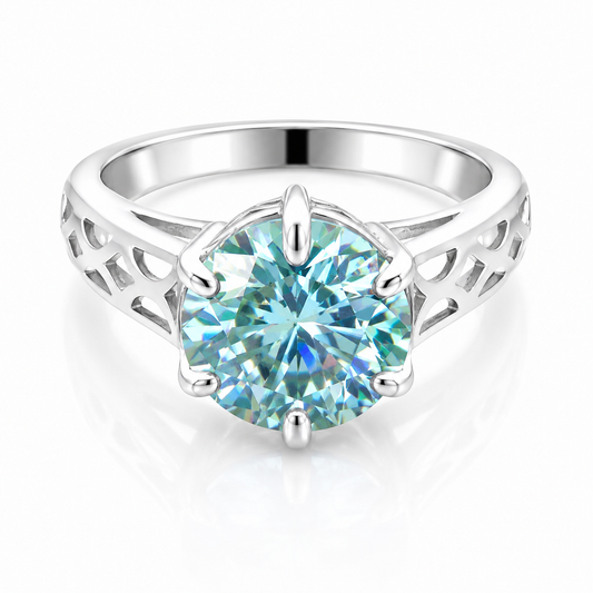 5.5 ct DEW Blue Moissanite Round Solitaire Ring - 18K Gold Vermeil on 925 Sterling Silver