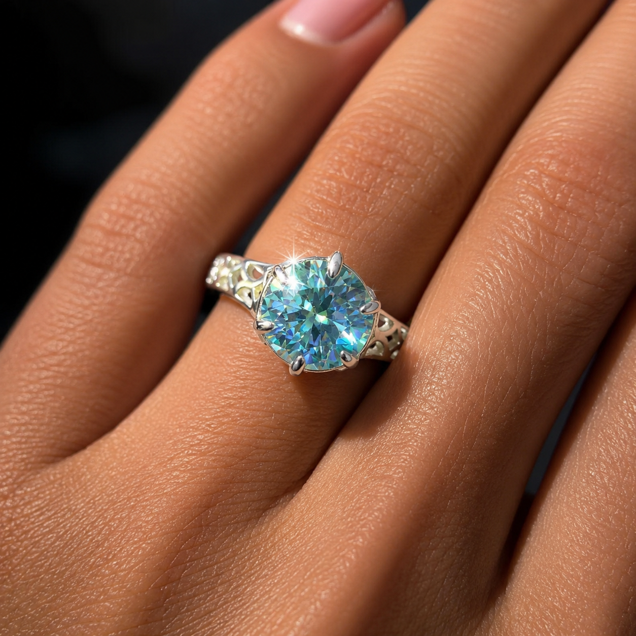 5.5ct DEW Blue Moissanite Round Solitaire Ring
