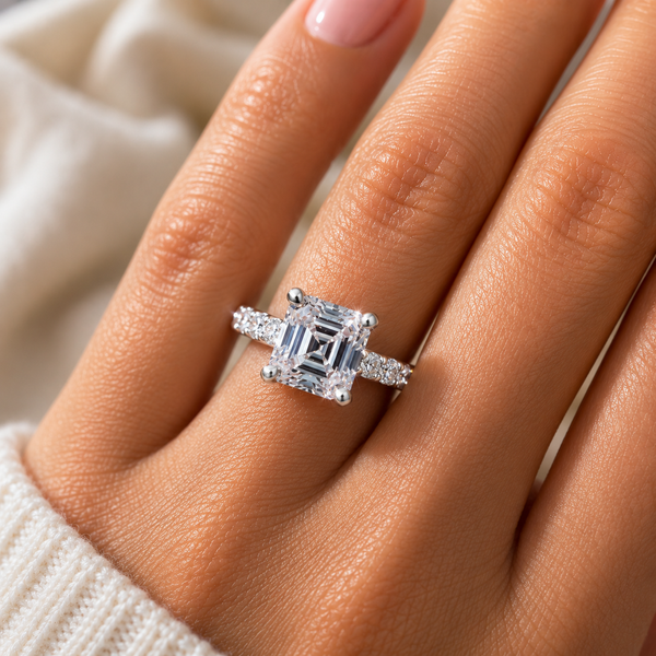 4.7 ct DEW White Moissanite Asscher Solitaire Ring - 18K Gold Vermeil on 925 Sterling Silver