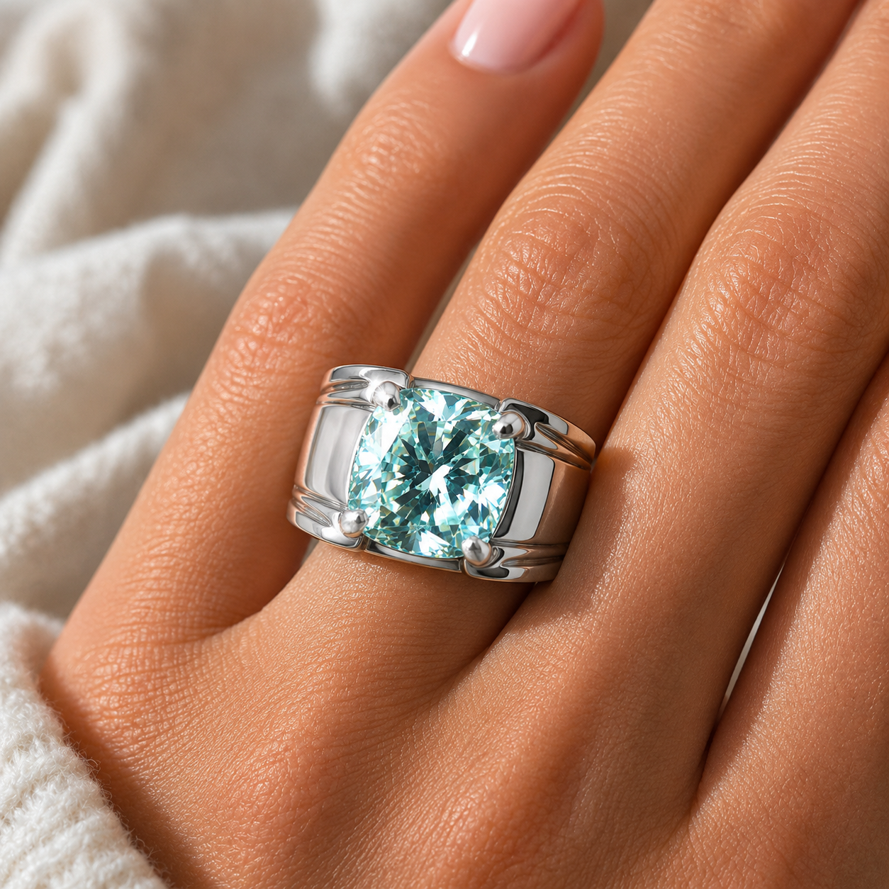8.3ct DEW Blue Moissanite Cushion Solitaire Ring