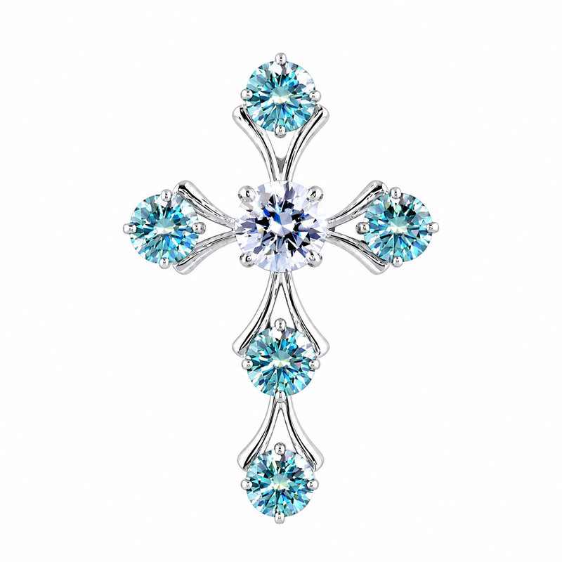 5.00 ct DEW Round Cut Blue & White Moissanite In Gold Vermeil Cross necklace
