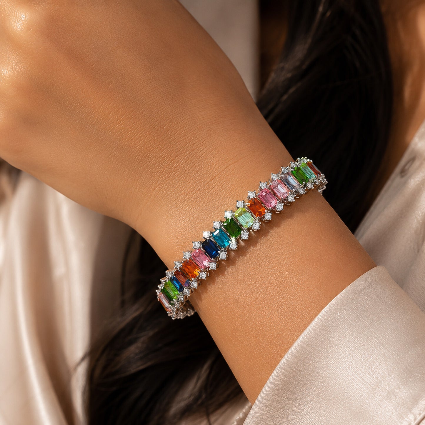 IGI Certified Lab Grown Sapphire Emerald-Cut Rainbow Statement Bracelet — 14K/18K Solid Gold