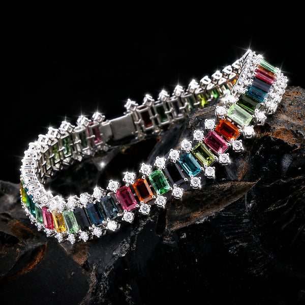 IGI Certified Lab Grown Sapphire Emerald-Cut Rainbow Statement Bracelet — 14K/18K Solid Gold