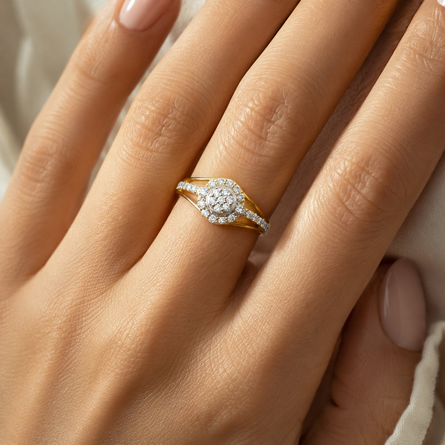 0.41 Ct. IGI Natural Diamond Floral Halo Ring in 18K Yellow Gold for Women Gift