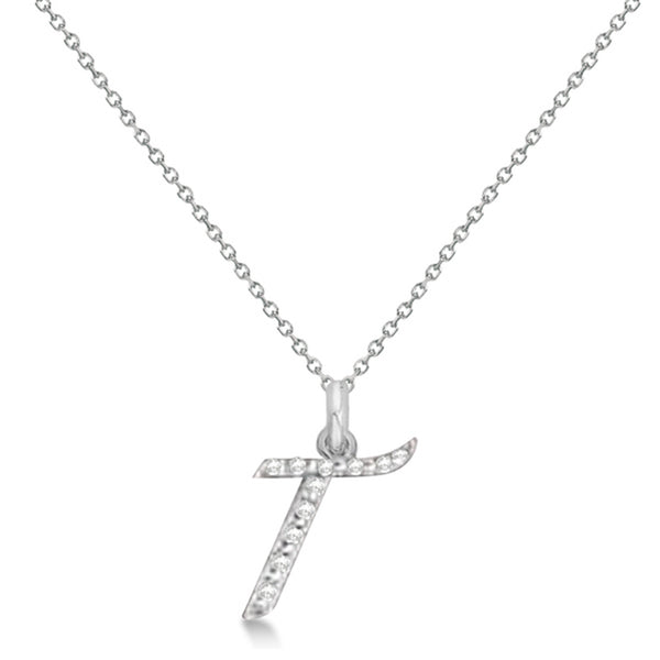 Natural Diamond Initial Letter T Pendant, White Gold - Detail View