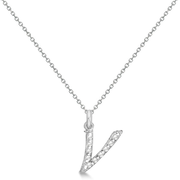 Natural Diamond Initial Letter V Pendant, White Gold - Detail View