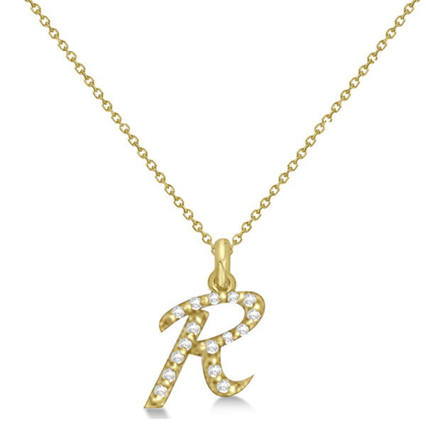 Natural Diamond Initial Letter R Pendant, Yellow Gold - Detail View