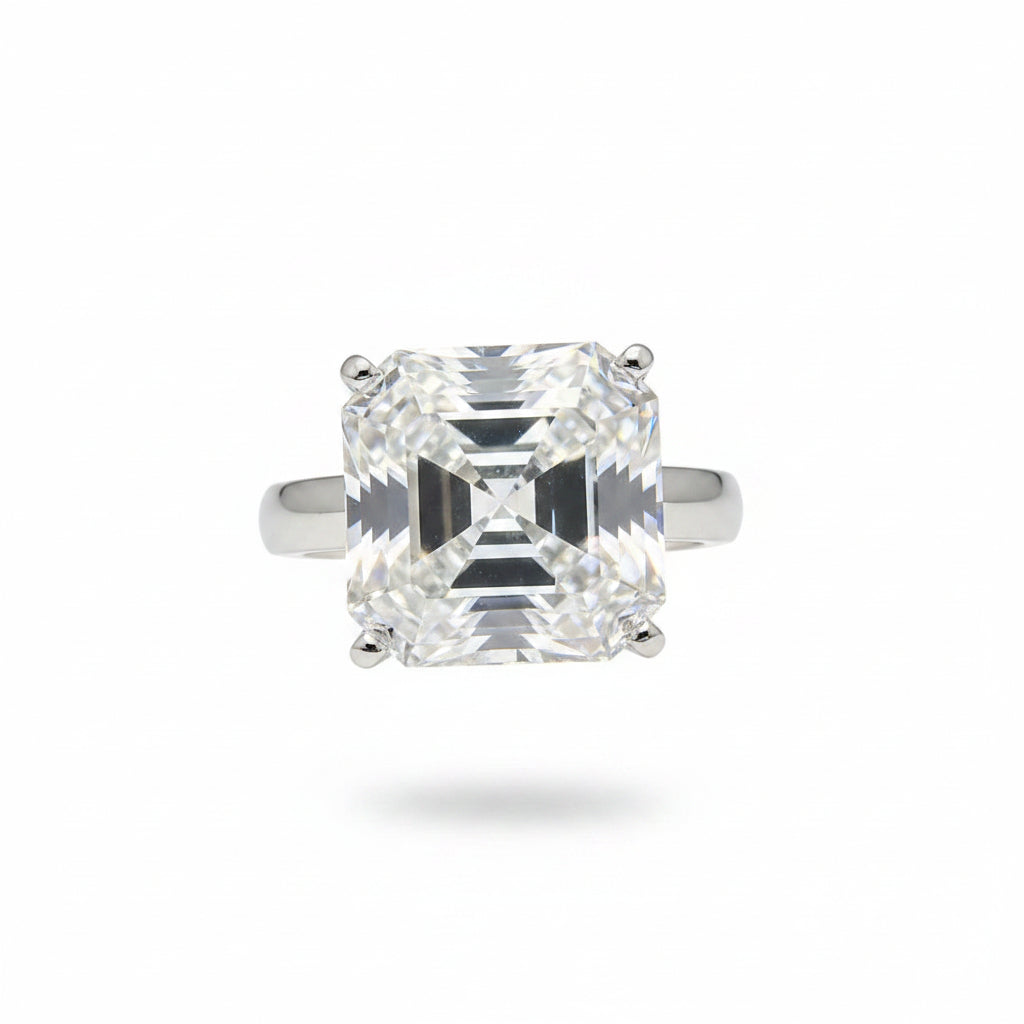 16.1 ct DEW White Moissanite Asscher Solitaire Ring - 18K Gold Vermeil on 925 Sterling Silver