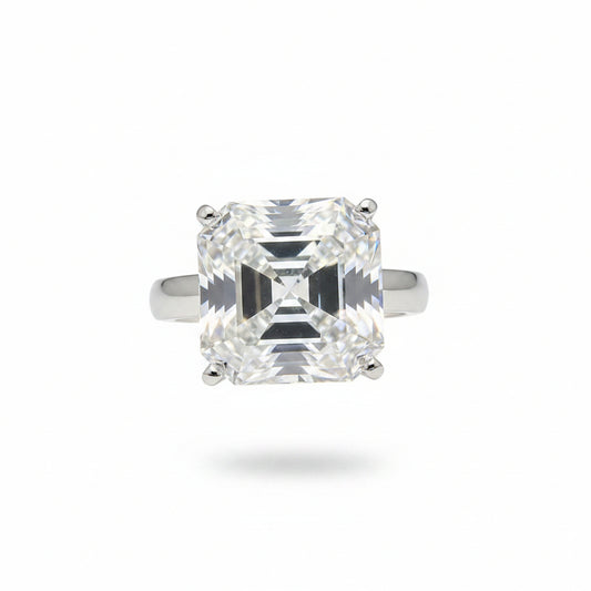 16.1 ct DEW White Moissanite Asscher Solitaire Ring - 18K Gold Vermeil on 925 Sterling Silver