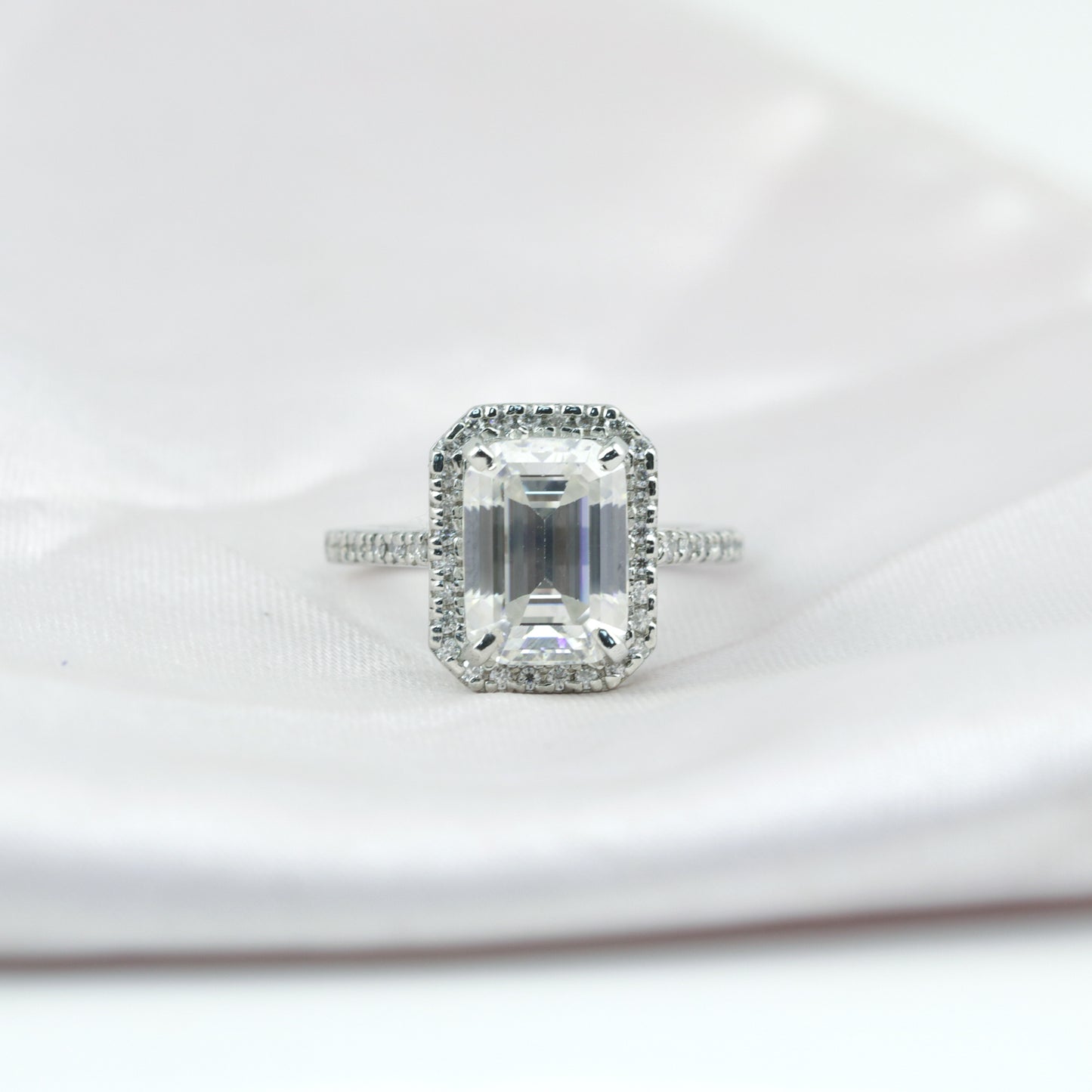 4.5 ct DEW White Moissanite Emerald Solitaire Ring - 18K Gold Vermeil on 925 Sterling Silver