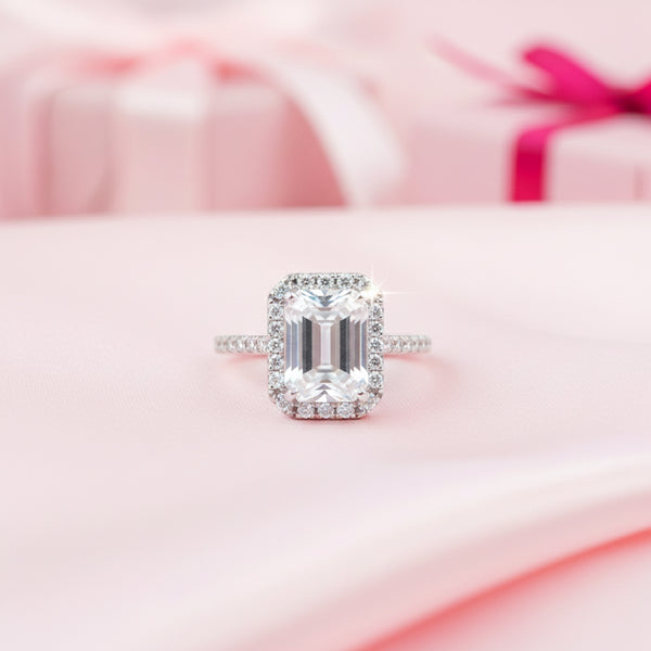 4.5 ct DEW White Moissanite Emerald Solitaire Ring - 18K Gold Vermeil on 925 Sterling Silver